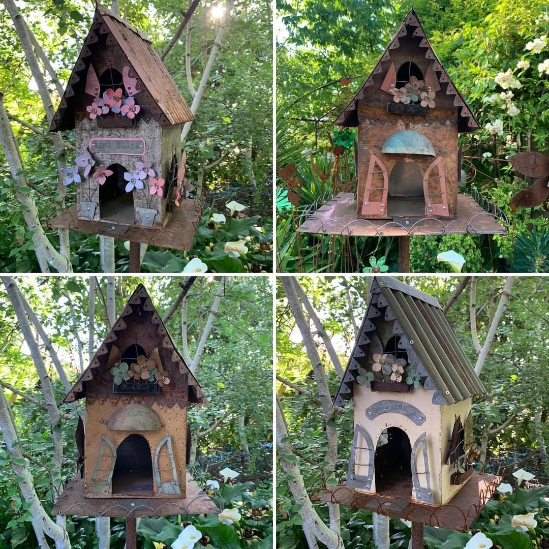 handmade birdhouse with recycled wood and tin roof