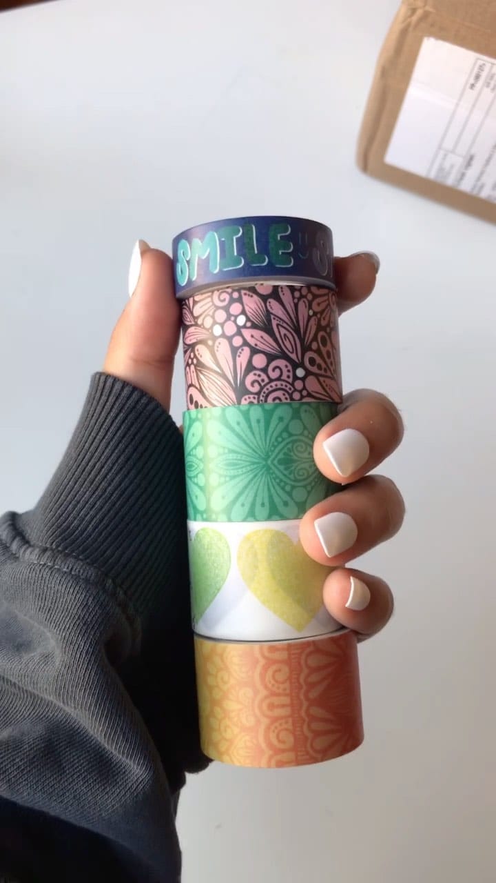 washi tape wall art with colorful patterns