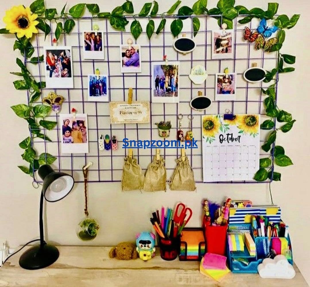 Modern geometric wire grid photo display