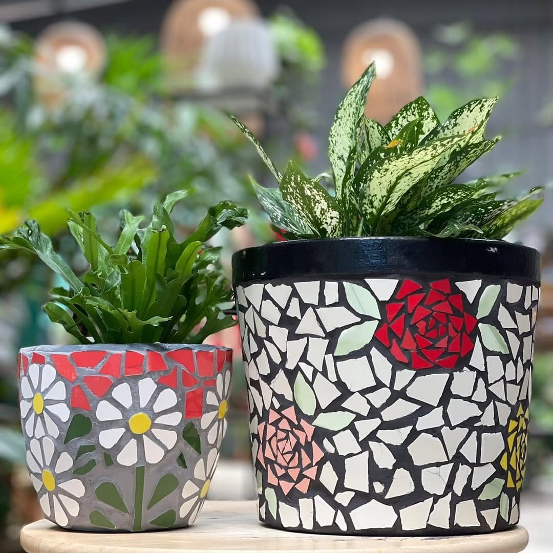 mosaic plant pot with colorful tiles