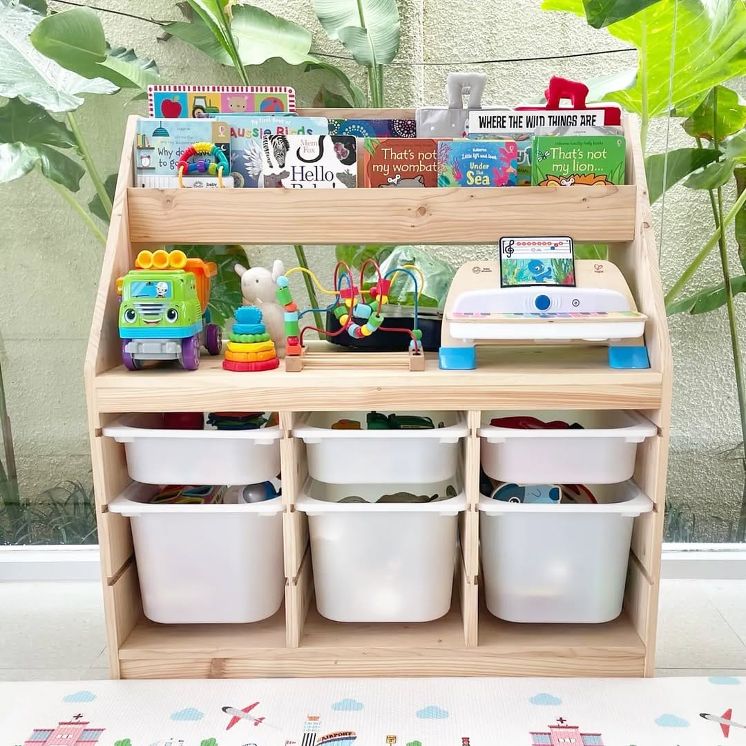 DIY pallet shelving with storage boxes