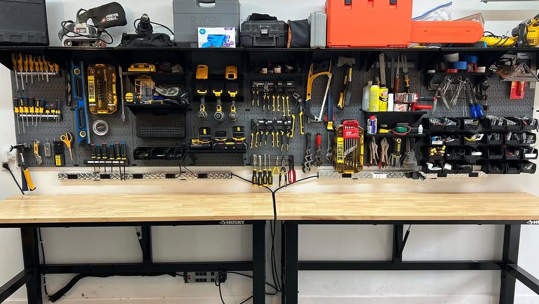 garage wall with organized pegboard