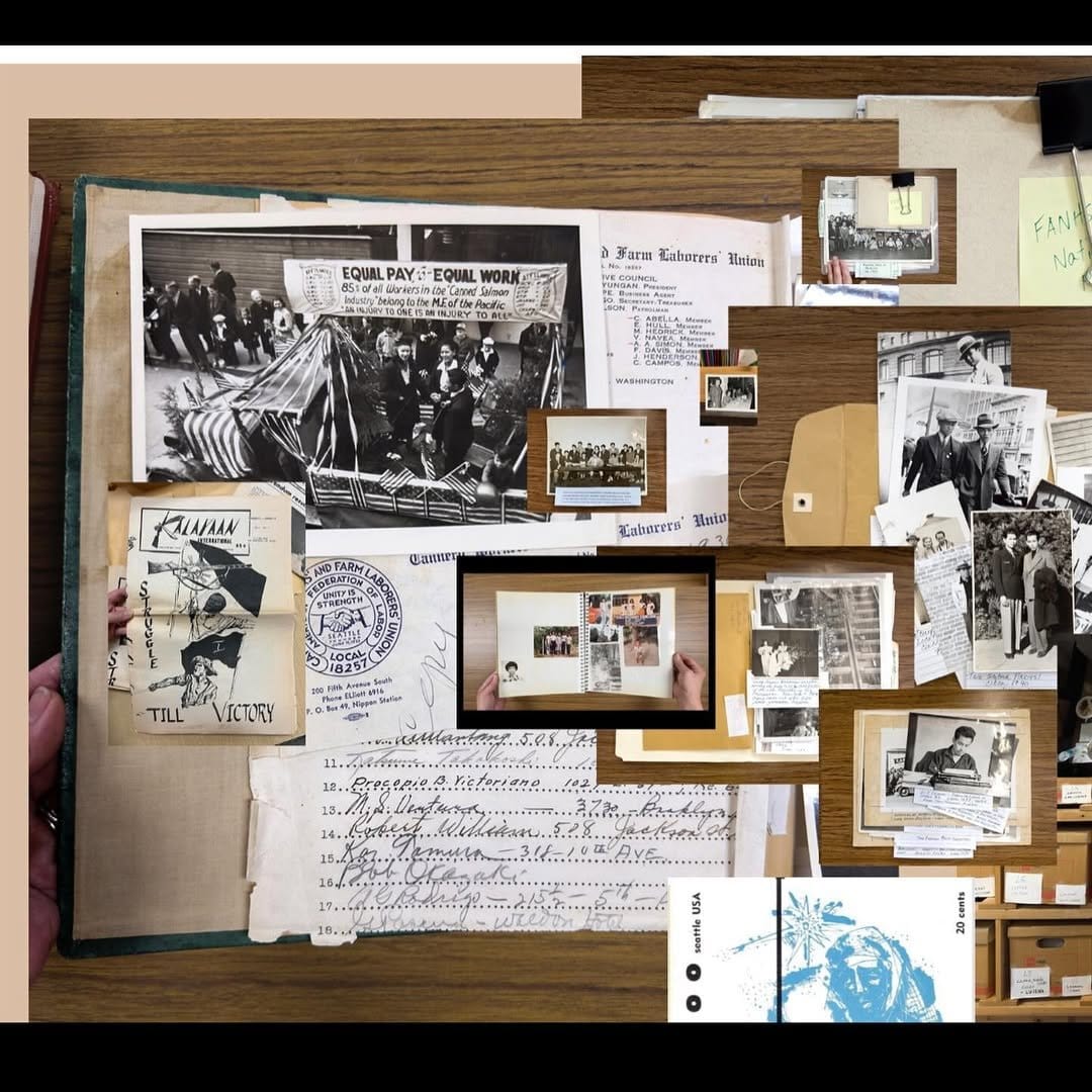 Layered photo collage on wall