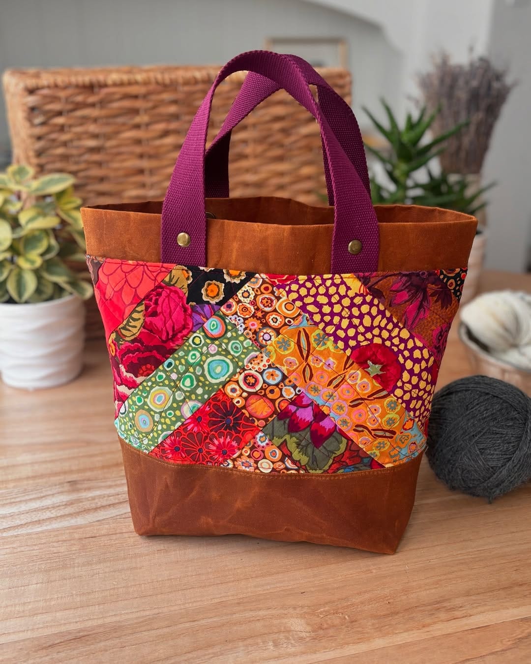 handmade tote bag with colorful fabric