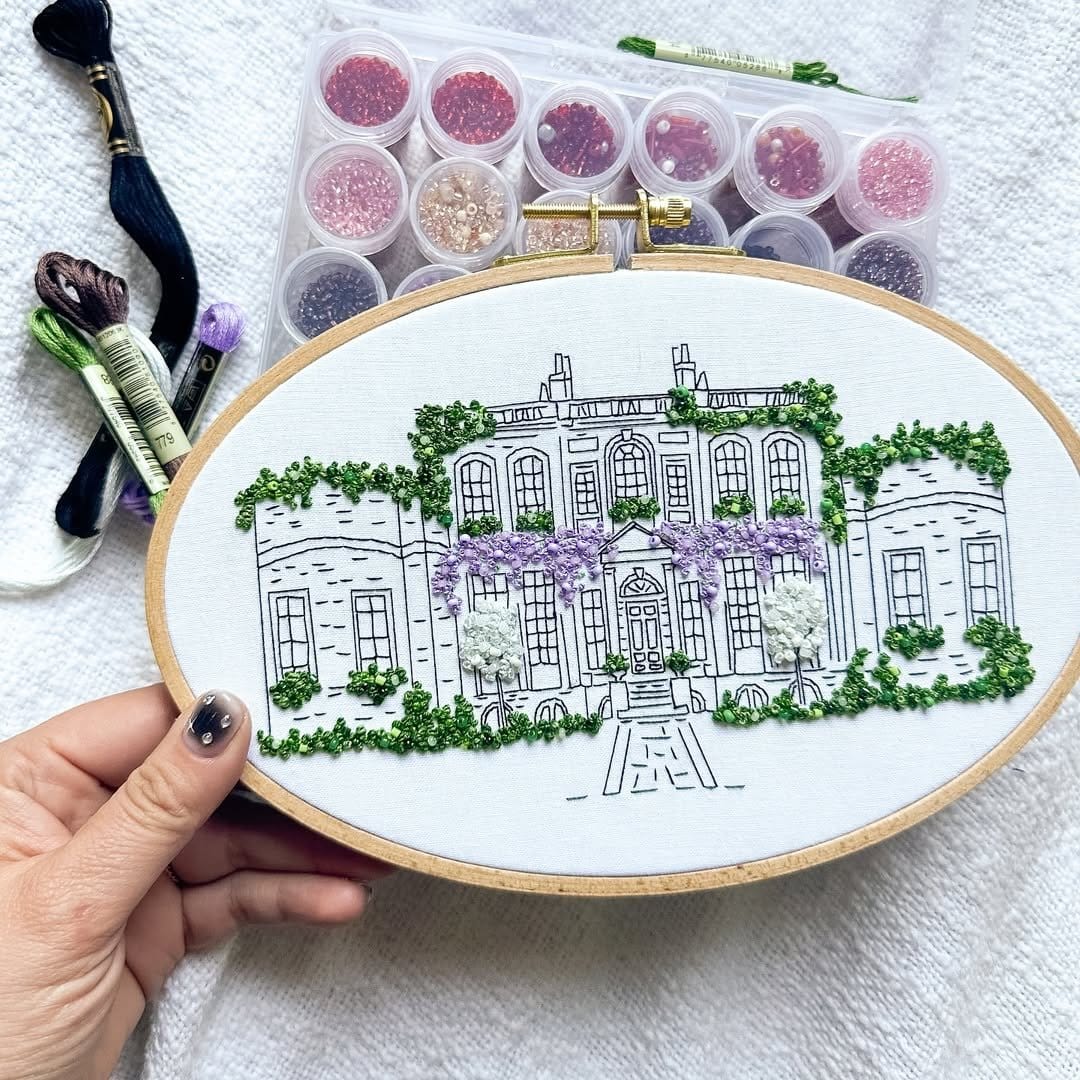 Delicate embroidered hoop art display