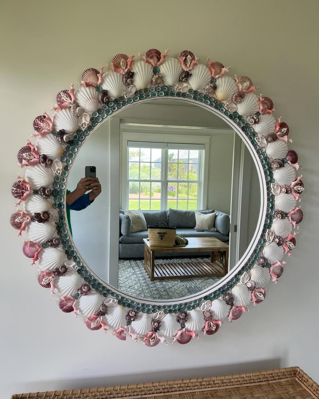 decorative shell mirror with glass and shells