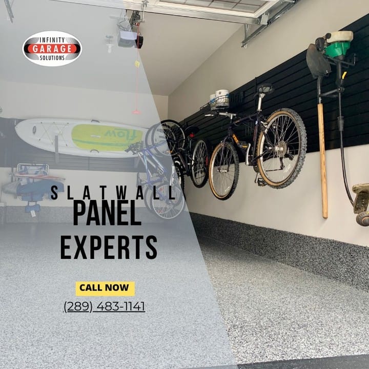 garage with slatwall panels and hooks