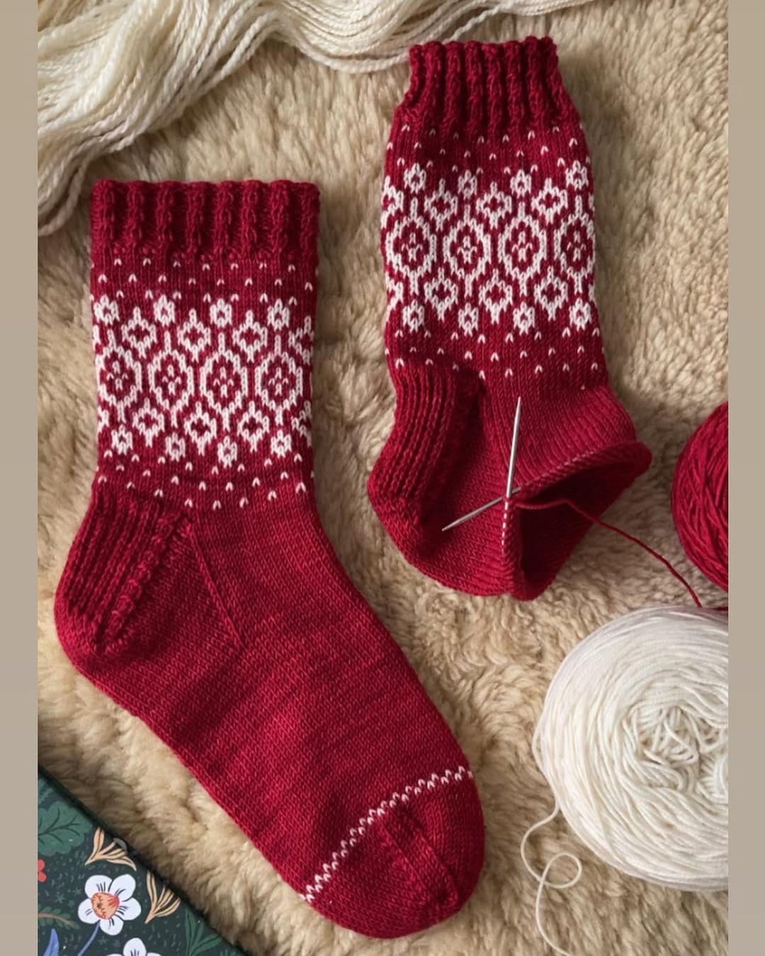 hand-knit woolen socks in warm tones