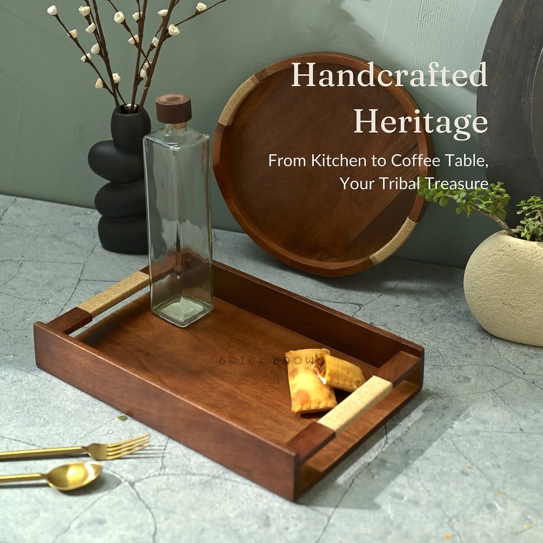 handcrafted wooden serving tray with handles