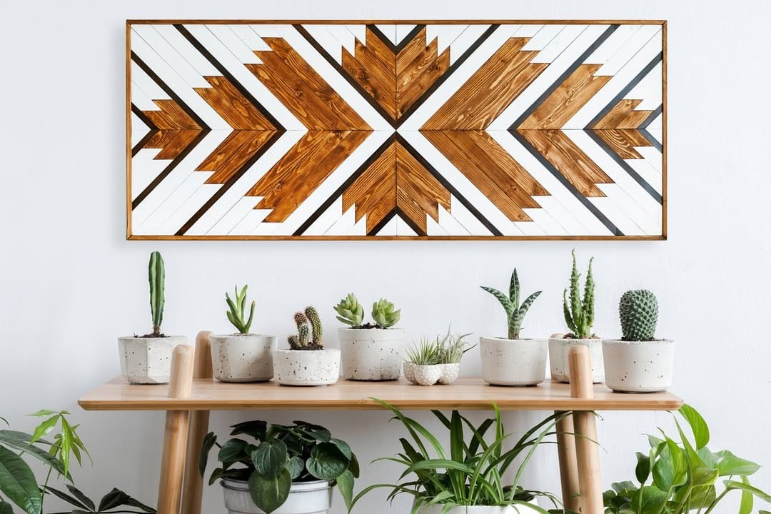rustic wooden wall art with geometric pattern
