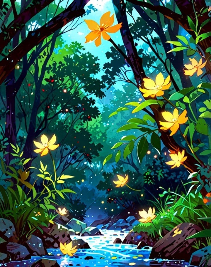 Mystical serene forest silhouette painting