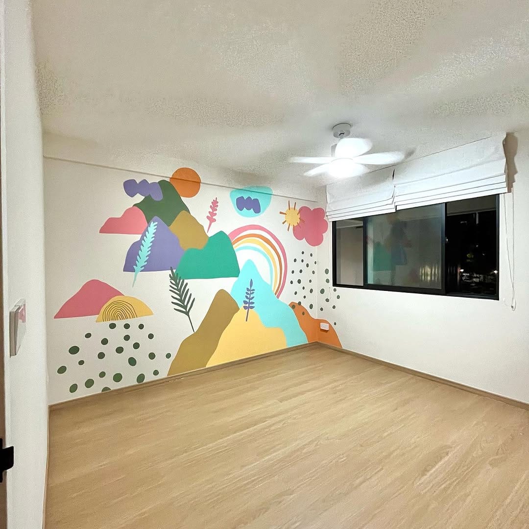 colorful abstract mural on bedroom wall