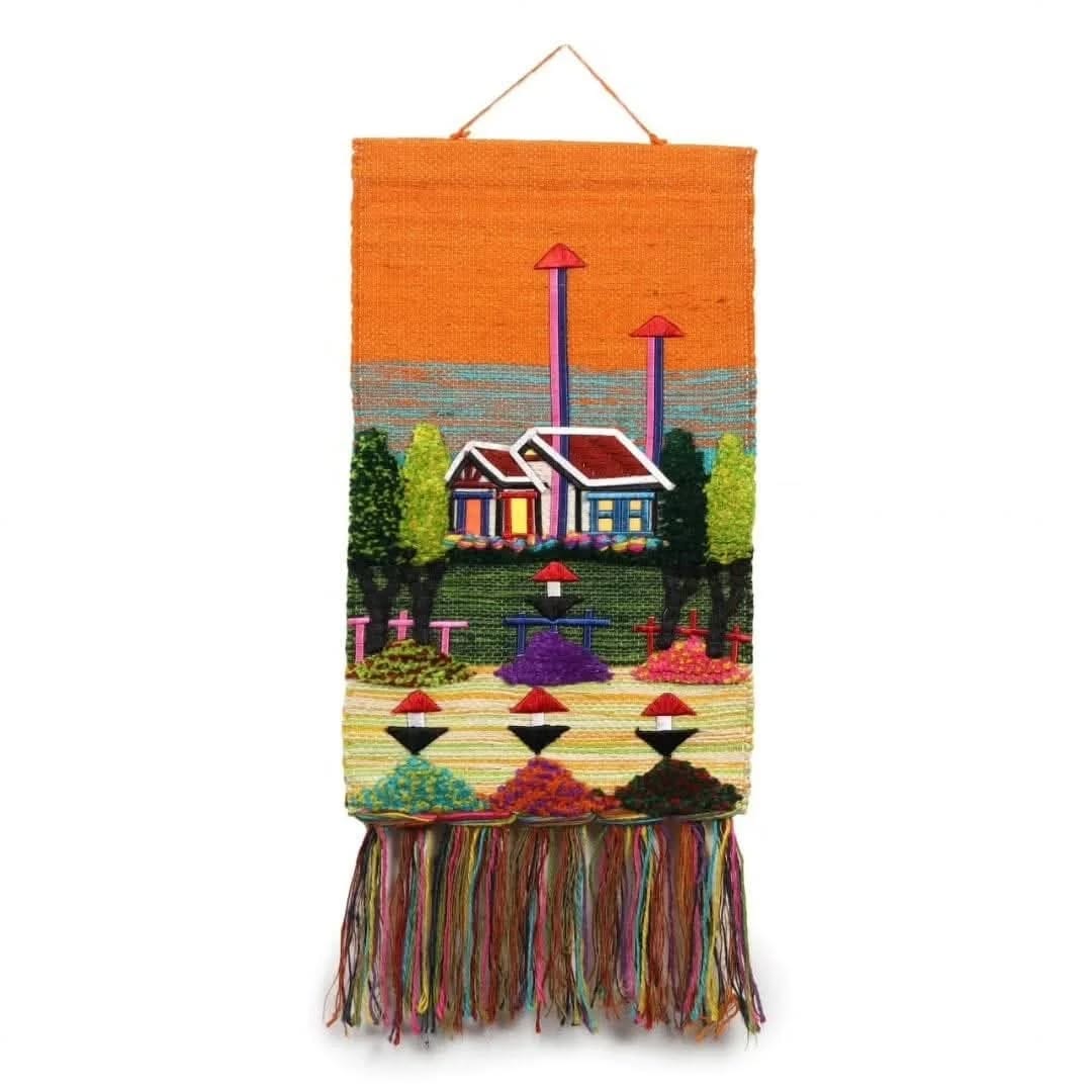 Colorful woven tapestry with intricate designs