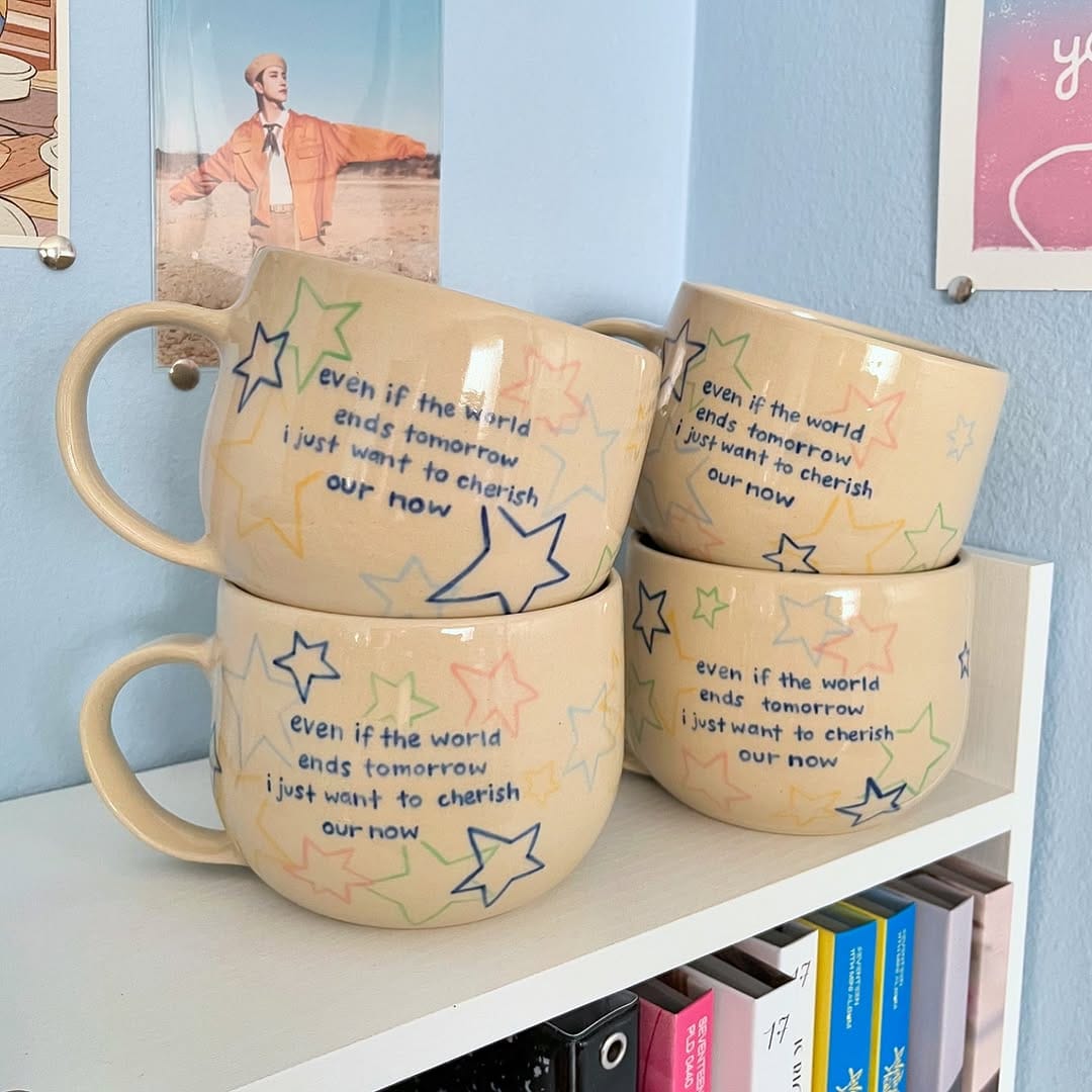 whimsical hand-painted mugs with slogans