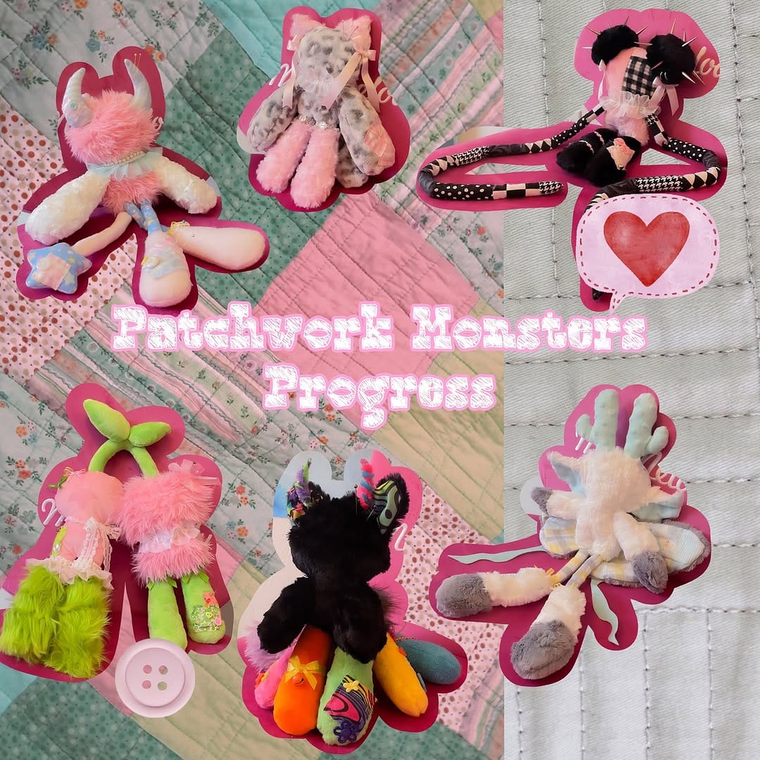 handmade stuffed animal toy with patchwork fabric
