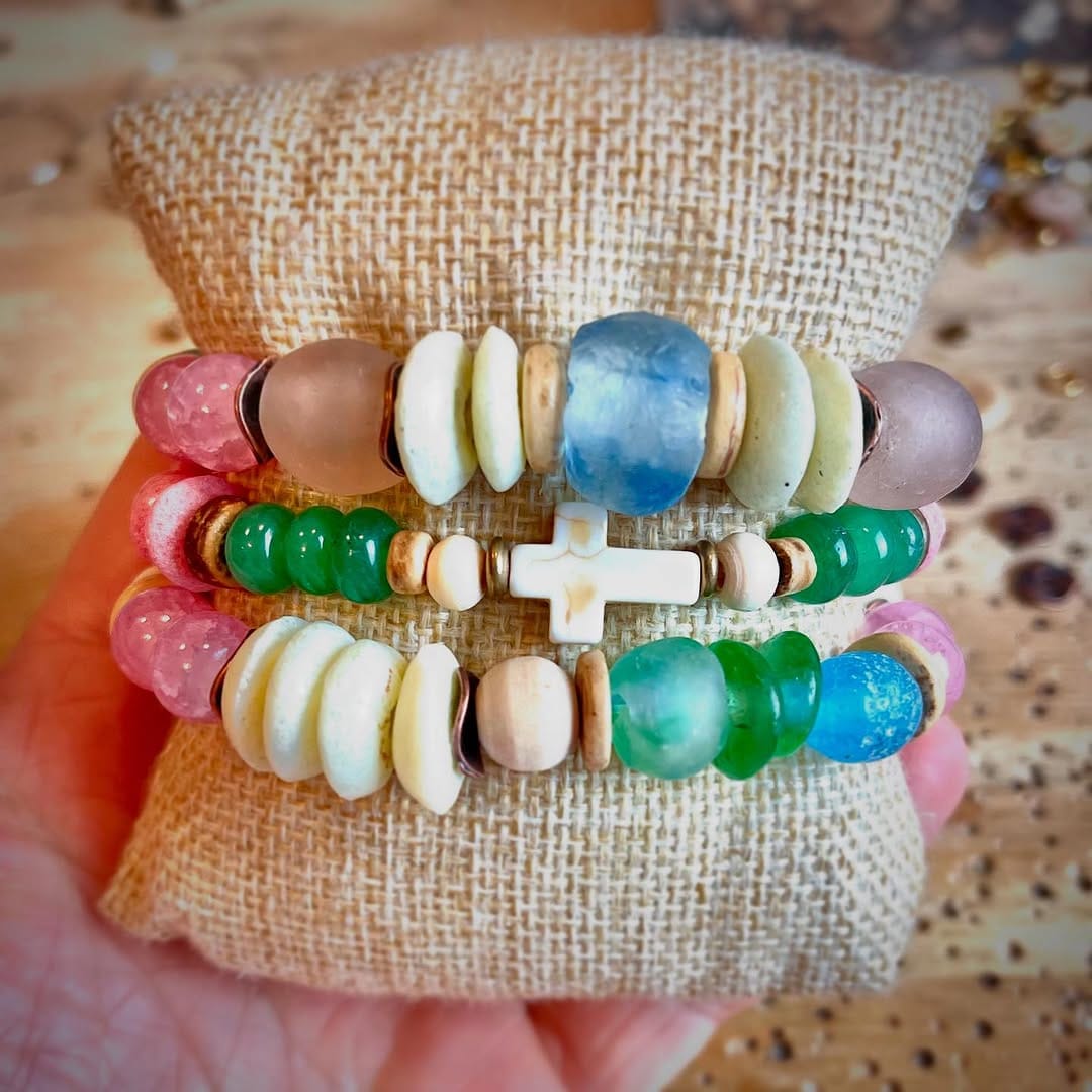 colorful beaded bracelets stacked together