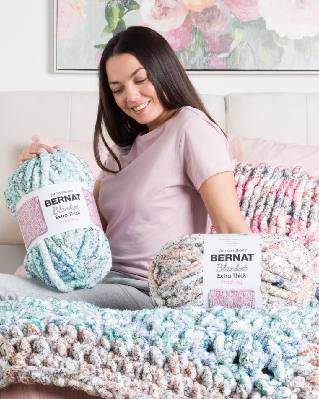 chunky crochet blanket in soft pastel colors