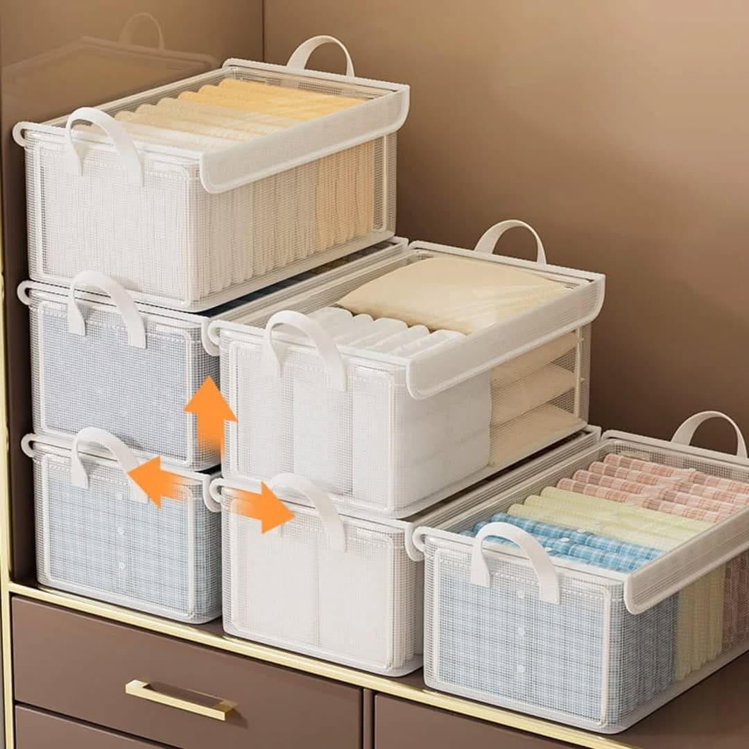 clear storage boxes stacked in closet