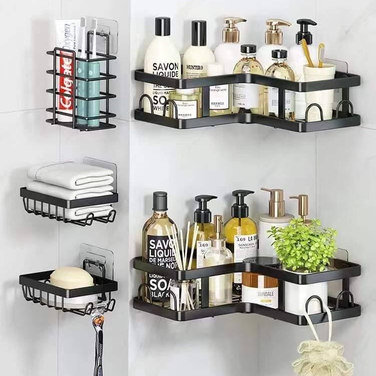 corner shelves with organized items