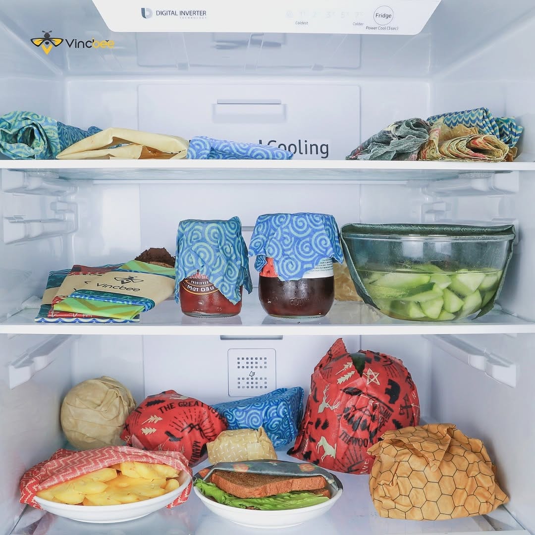 colorful beeswax wraps with food items